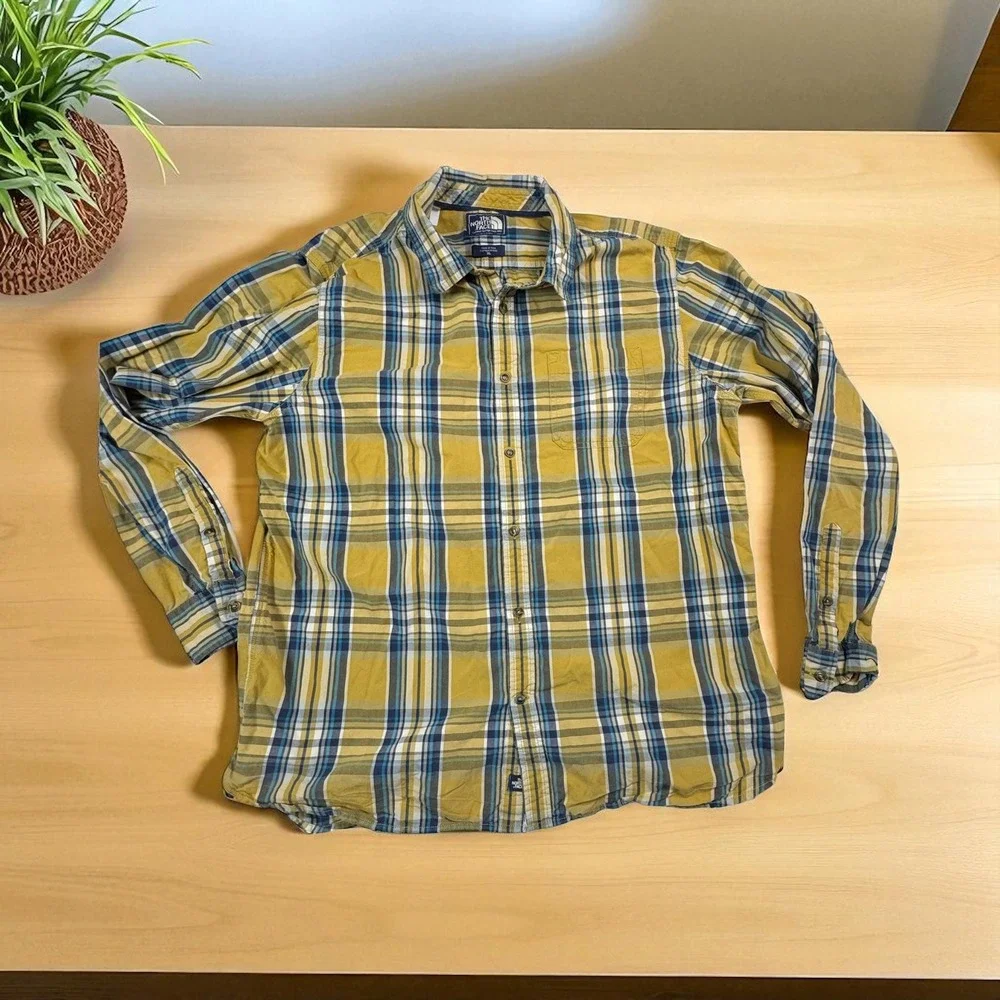 The North Face Men's Plaid Long Sleeve Button Up‎ Shirt Yellow Blue XL